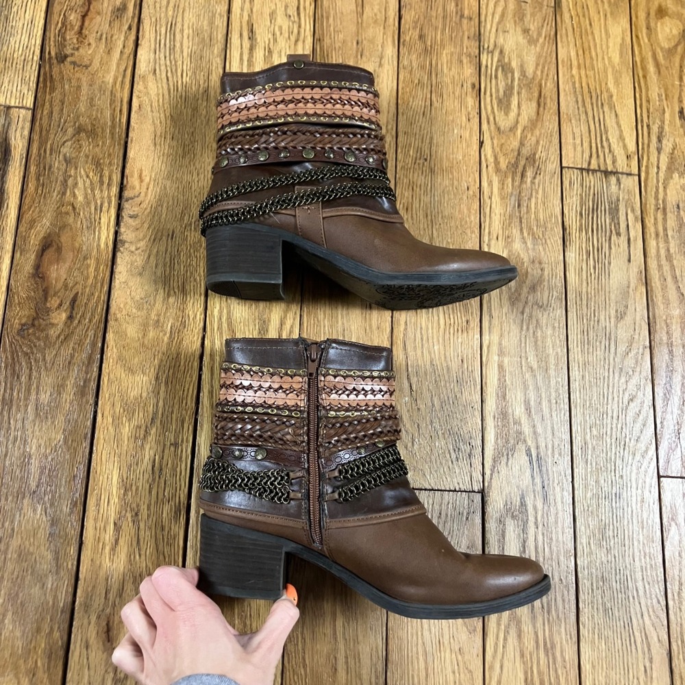 Crown Vintage Brown‎ Boho Chain Braided Ankle Boots Womens 9 Block Heel Zipper